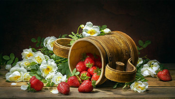 Картинка еда клубника +земляника ягоды шиповник туесок