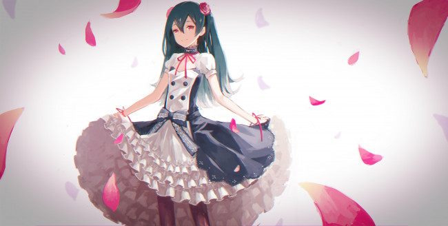 Обои картинки фото аниме, unknown,  другое, платье, арт, лепестки, девочка