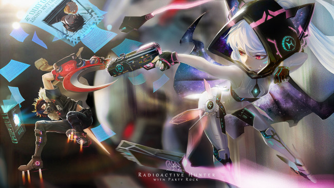 Обои картинки фото аниме, оружие,  техника,  технологии, девушка, michihana, парень, арт