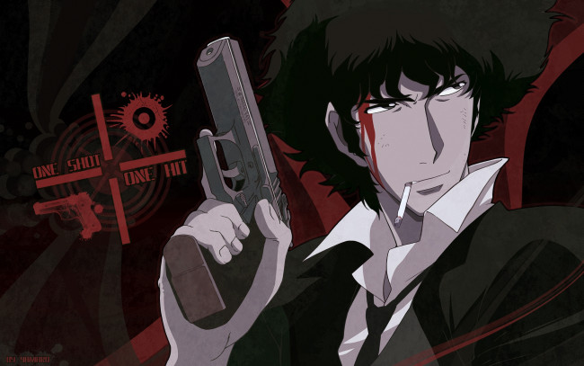 Обои картинки фото аниме, cowboy bebop, сигарета, spiegel, spike, кровь, оружие, прицел, пистолет