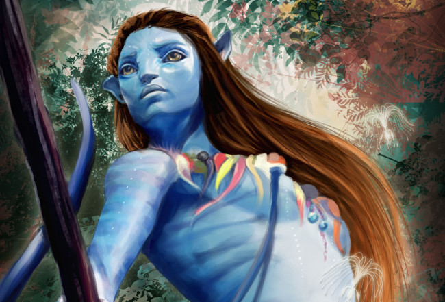 Обои картинки фото рисованное, кино, neytiri, взгляд, фильм, аватар, арт, палка