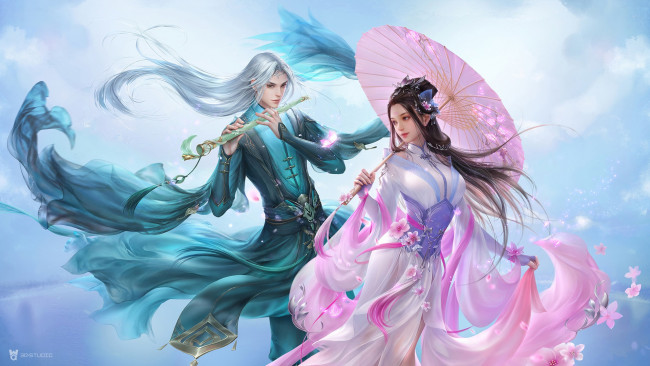 Обои картинки фото фэнтези, люди, бард, пара, арт, сакура, весна, игра, цветы