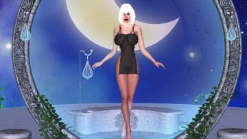 Картинка 3д+графика фантазия+ fantasy девушка фон платье месяц