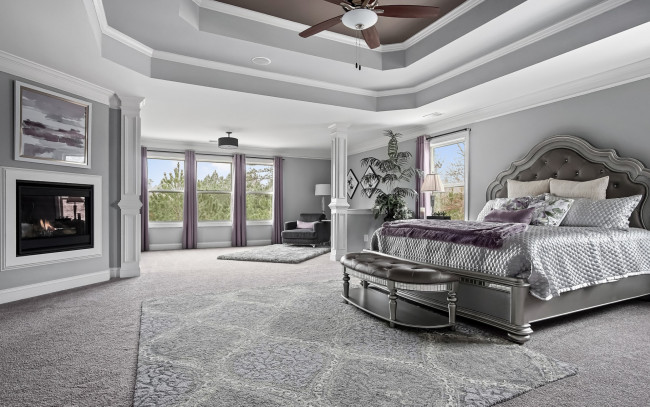 Обои картинки фото интерьер, спальня, камин, кровать, вентилятор