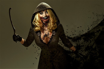 обоя девушки, - креатив,  косплей, образ, костюм, плащ, капюшон, серп, кровь