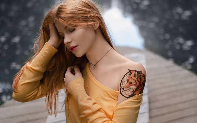 Обои картинки фото anastasia zhilina, девушки, анастасия жилина, anastasia, zhilina, татуировка, тату, лиса, волосы, причёска, анастасия, жилина, девушка, модель, стройная, сексуальная, секси, рыжеволосая, поза, фотосессия, фигура