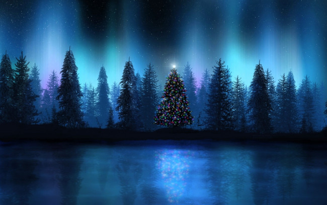 Обои картинки фото праздничные, 3д графика , новый год, лес, ёлка, огни, озеро