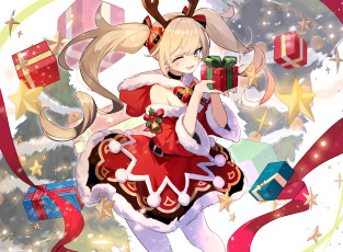 обоя аниме, genshin impact, девушка, новый, год, рожки, костюм, подарки