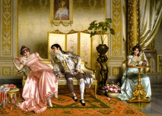 обоя рисованное, vittorio reggianini, люди, дамы, джентельмен, диван, ширма, ковер
