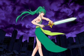 обоя аниме, unknown,  другое , девушка, меч, тучи, город, дома