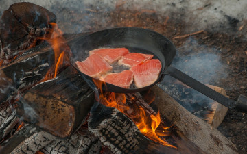 обоя еда, рыба,  морепродукты,  суши,  роллы, костер, огонь, сковорода, лосось