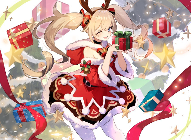 Обои картинки фото аниме, genshin impact, девушка, новый, год, рожки, костюм, подарки