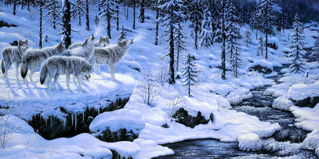 Обои картинки фото рисованное, животные,  волки, волки, стая, вой, лес, деревья, снег, зима, ручей
