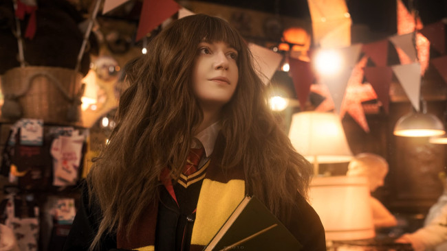 Обои картинки фото девушки, tomka violea, образ, косплей, наряд, костюм, гермиона, флажки, книги, шарф