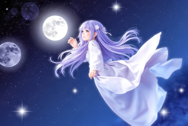 Обои картинки фото аниме, unknown,  другое , девочка, платье, небо, звезды, луны