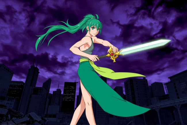 Обои картинки фото аниме, unknown,  другое , девушка, меч, тучи, город, дома