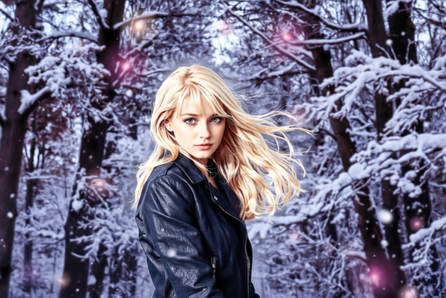 Обои картинки фото разное, компьютерный дизайн, девушка, блондинка, куртка, зима, снег, лес, деревья