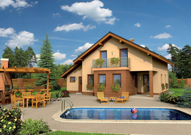 Обои картинки фото города, здания, дома, дом, цветы, бассейн