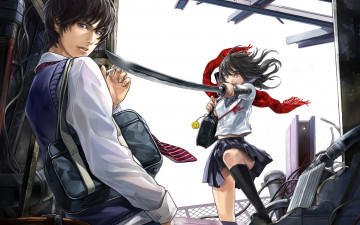 Картинка аниме -weapon +blood+&+technology девушка оружие катана арт шарф necco руины парень сигарета смайлик школьники меч проем
