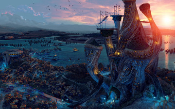 Картинка the+elder+scrolls+iii +morrowind видео+игры дома река город башня корабли morrowind