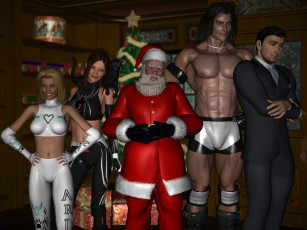 Картинка 3д+графика праздники+ holidays взгляд девушки санта клаус мужчины елка улыбки фон