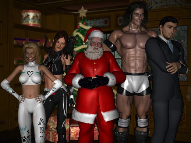 Обои картинки фото 3д графика, праздники , holidays, взгляд, девушки, санта, клаус, мужчины, елка, улыбки, фон