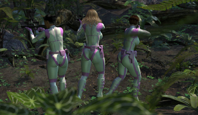 Обои картинки фото 3д графика, фантазия , fantasy, лес, девушки, взгляд, фон, оружие