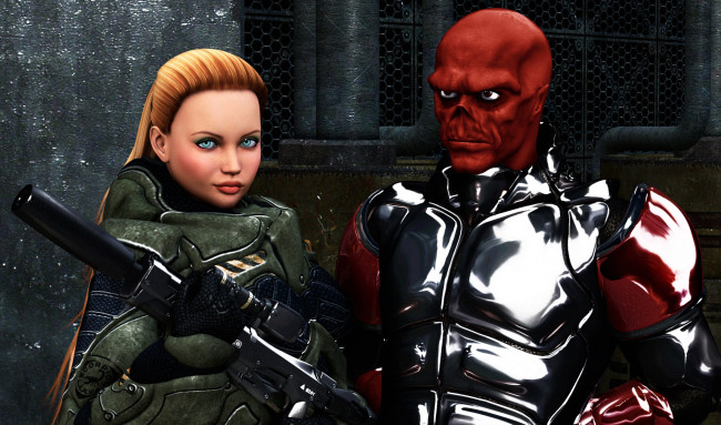 Обои картинки фото 3д графика, фантазия , fantasy, девушка, существо, оружие, фон, взгляд