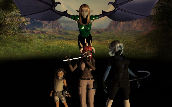 Обои картинки фото 3д графика, эльфы , elves, эльфийки, демон, горы, фон, взгляд