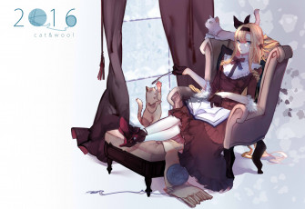 Картинка аниме животные +существа арт кошки коты кресло клубок девушка