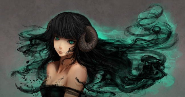 Обои картинки фото аниме, ангелы,  демоны, магия, улыбка, рога, девушка, ximbixill, арт