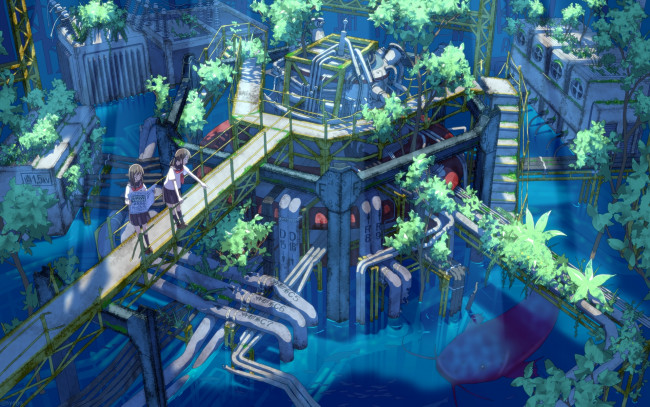 Обои картинки фото автор,  syego, аниме, оружие,  техника,  технологии, арт, девочки, трубы, мостик