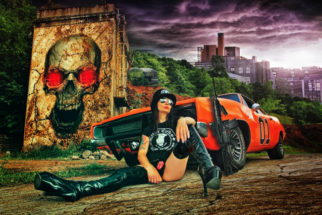Обои картинки фото автомобили, -авто с девушками, автомат, череп, граффити