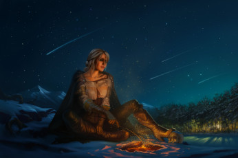 Картинка видео+игры the+witcher+3 +wild+hunt девушка костер фон