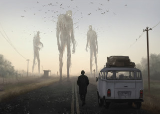 Картинка фэнтези существа провода дорога монстра птицы человек машина