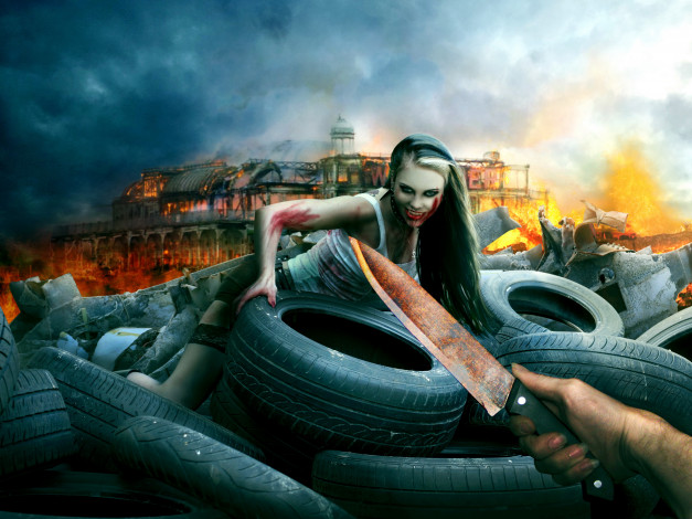 Обои картинки фото фэнтези, фотоарт, взгляд, фон, девушка, нож, покрышки