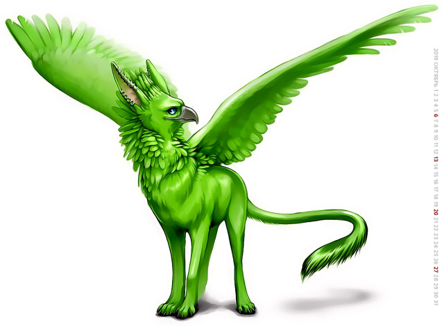 Обои картинки фото календари, фэнтези, изолированный, белый, фон, зеленый, хвост, клюв, крылья, существо, 2019, calendar