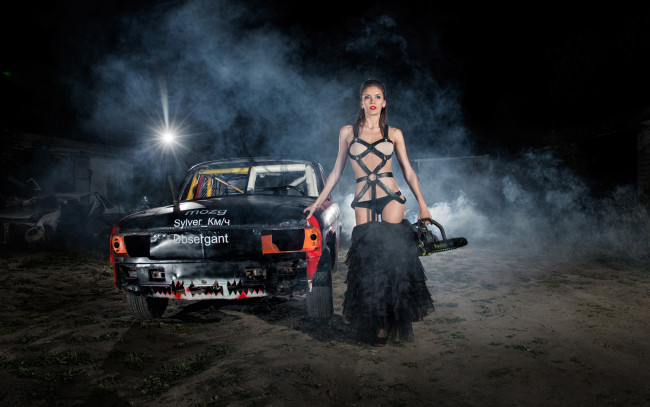 Обои картинки фото автомобили, -авто с девушками, волга, девушка, с, бензопилой