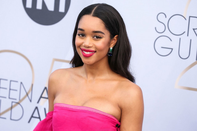 Обои картинки фото laura harrier, девушки, брюнетка, актриса, модель, девушка, laura, harrier, лицо, макияж, взгляд, поза, красотка, чернокожая, темнокожая
