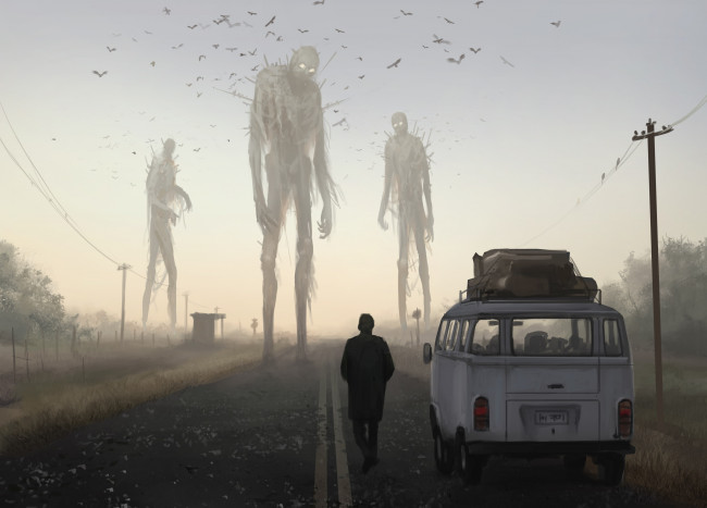 Обои картинки фото фэнтези, существа, провода, дорога, монстра, птицы, человек, машина