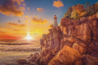 Картинка разное компьютерный+дизайн скалы чайки море небо фон маяк