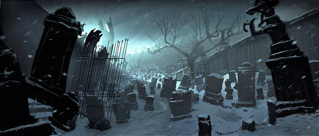 Обои картинки фото фэнтези, иные миры,  иные времена, кладбище, снег, зима, дома, дерево