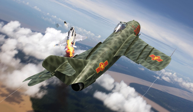 Обои картинки фото авиация, 3д, рисованые, v-graphic, истребитель, вьетнам, война, во, вьетнаме, adam, tooby, срв, миг-17ф, mikoyan-gurevich, mig-17f, fresco, shenyang, j-5