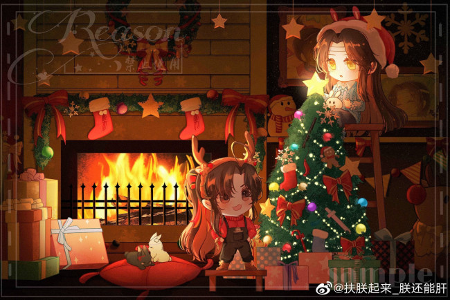 Обои картинки фото аниме, mo dao zu shi, вэй, усянь, лань, ванцзы, ёлка, камин