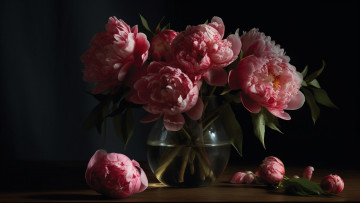 Картинка рисованное цветы темный фон букет розовые пионы пышные махровые ии-арт