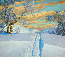 обоя рисованное, живопись, облака, деревья, снег, след