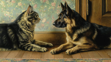 обоя рисованное, живопись, кот, кошка, собака