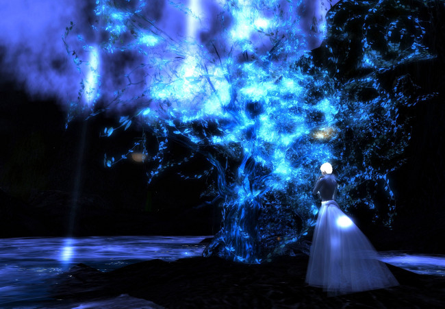 Обои картинки фото 3д, графика, fantasy, фантазия, ночь, свет, девушка, дерево, сияние