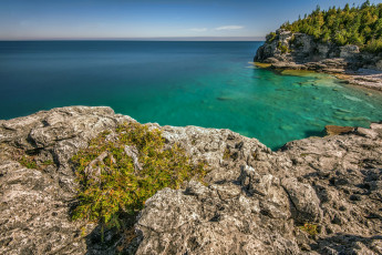 Картинка indian+head+cove +bruce+peninsula+provincial+park природа побережье горизонт лес скалы бухта океан