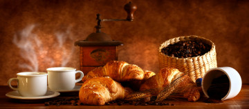 Картинка еда кофе +кофейные+зёрна круассаны кофемолка чашки молотый зерна